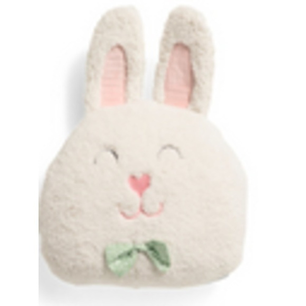 Bunny Plush Pillow Cream Embroidered Face Green Bow Easter Spring Soft Decor